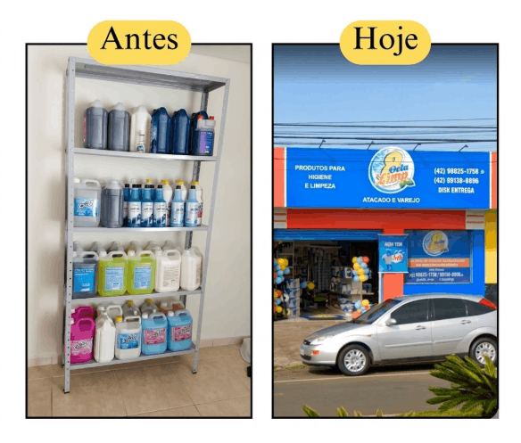 Antes e Hoje: prateleira inicial de produtos e loja própria de distribuição